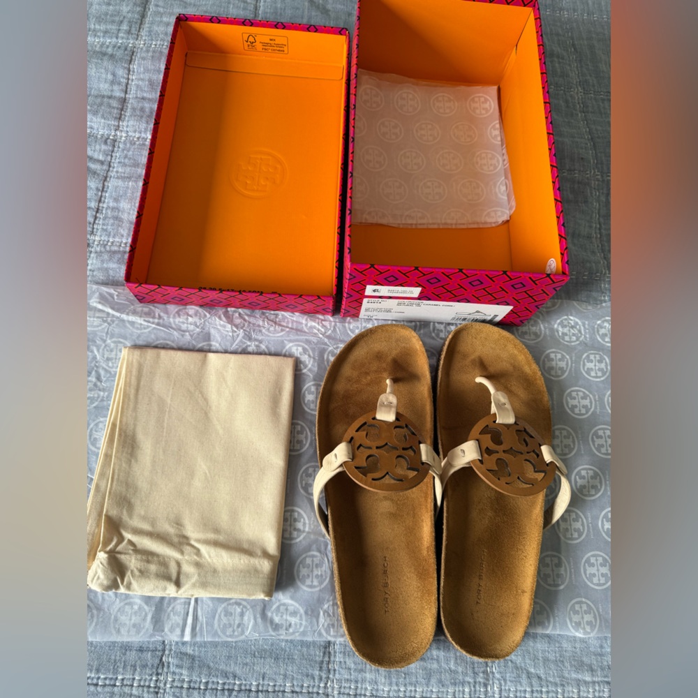 Tory Burch millers cloud Brown and White Sandals with Logo shoes size 10